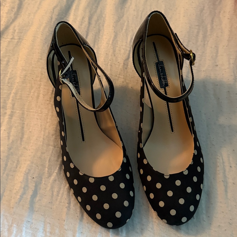 Sam & Libby Black and White Polka Dot Heels with patent leather ankle straps.